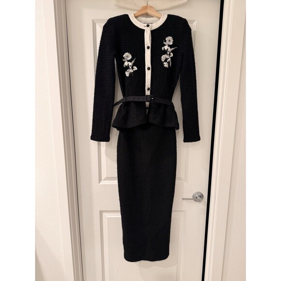 NWOT Self-Portrait BLACK FLORAL TEXTURED KNIT MIDI DRESS, special occasion dress - Picture 5 of 16